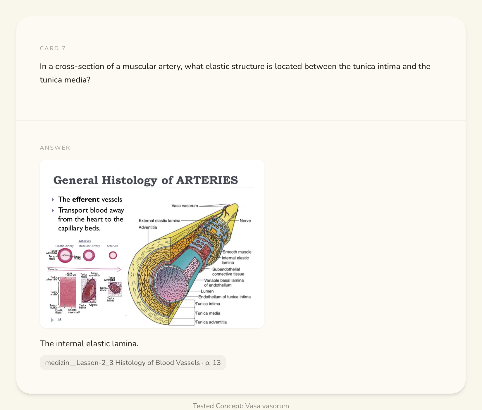 A Bo flashcard with a figure cropped from the source lecture embedded in the answer, cited to the page